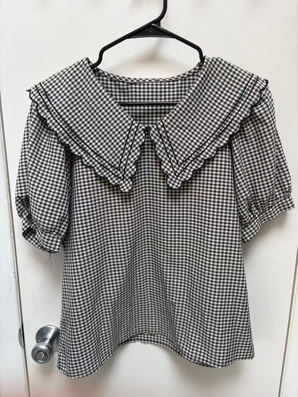 Retro Black White Plaid Big Collar Puff Short Sleeve Cottagecore Shirt Size M